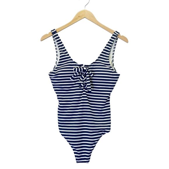 NWT Aerie Lace-Up One Piece Swimsuit Navy & White Stripes Size Small Long NEW - Picture 2 of 12